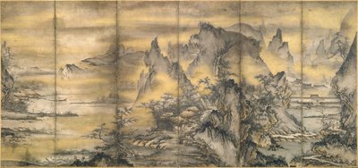 Japoński: 『式部輝忠筆 四季山水図屏風 室町時代 』 Krajobraz czterech pór roku, jeden z pary autorstwa Shikibu Terutada