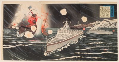 Sprawiedliwa wojna w karaniu Rosji: nocny atak szwadronu niszczycieli autorstwa Shinohara Kiyooki