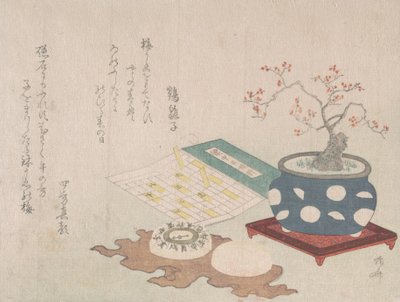 Śliwka Bonsai, kompas i kieszonkowy zegar słoneczny z projektem kalendarza, z wiosennego deszczu Surimon..., 1806. autorstwa Shinsai