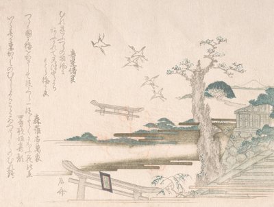 Kolekcja wiosennego deszczu Harusame shu, obj. 2: Żurawie w świątyni Tsurugaoka Hachimango w…, 1810 roku. autorstwa Shinsai