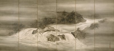 Krajobraz rzeczny ze świetlikami, 1874 autorstwa Shiokawa Bunrin
