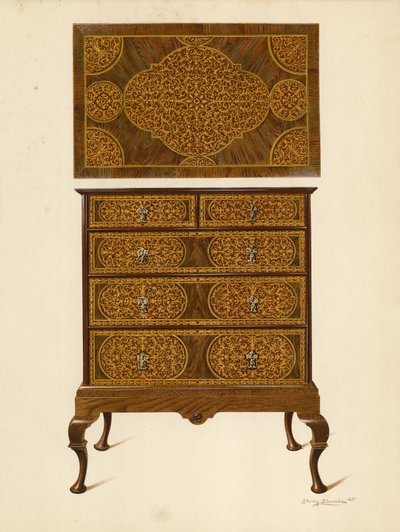 Komoda Intarsjowana Intarsją (chromolitho) autorstwa Shirley Charles Llewellyn Slocombe