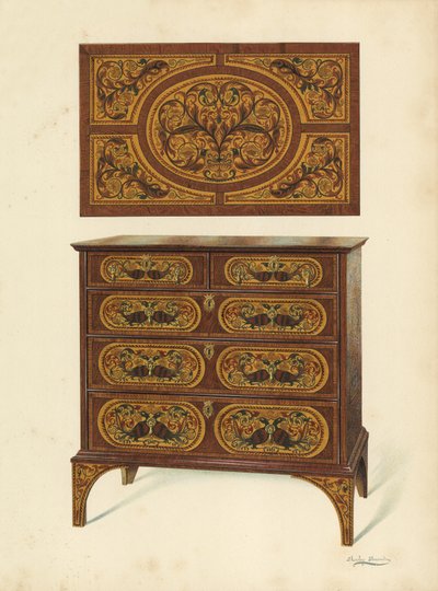 Komoda Intarsjowana Intarsją (chromolitho) autorstwa Shirley Charles Llewellyn Slocombe