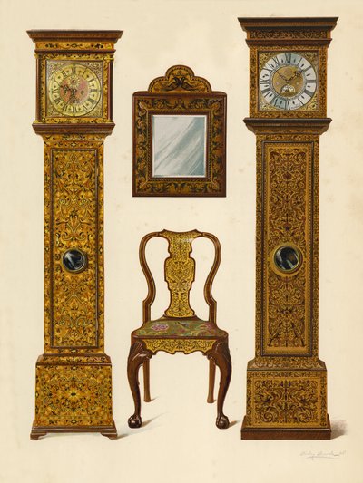 Zegar Inkrustowany Light Marqueterie, własność Percy Macquoid; Zegar inkrustowany Dark Marqueterie, Muzeum Wiktorii i Alberta; Krzesło orzechowe inkrustowane markieterią; Lustro (chromolit) autorstwa Shirley Charles Llewellyn Slocombe