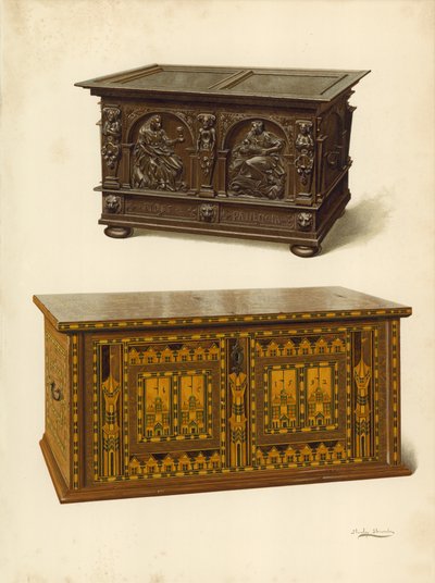 Skrzynia dębowa, własność Seymoura Lucasa; Skrzynia z dębową inkrustacją Nonesuch (chromolitho) autorstwa Shirley Charles Llewellyn Slocombe