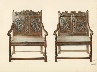 Krzesła dębowe (walijskie), własność H Clarence Waite (chromolitho) autorstwa Shirley Charles Llewellyn Slocombe