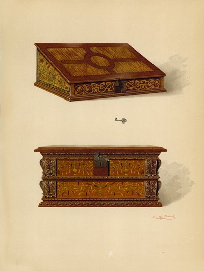 Oak Inkrustowane Pudełko, własność Edwarda Quiltera; Oak Inkrustowane Pudełko, własność Edwarda Quiltera (chromolitho) autorstwa Shirley Charles Llewellyn Slocombe