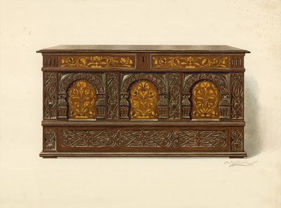 Skrzynia inkrustowana dębem, własność Arthura Jamesa (chromolitho) autorstwa Shirley Charles Llewellyn Slocombe