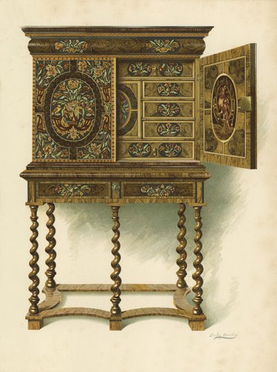 Szafka z orzecha inkrustowanego markieterią, własność Hon Charlotte Maria Lady North i R Eden Dickson (chromolitho) autorstwa Shirley Charles Llewellyn Slocombe