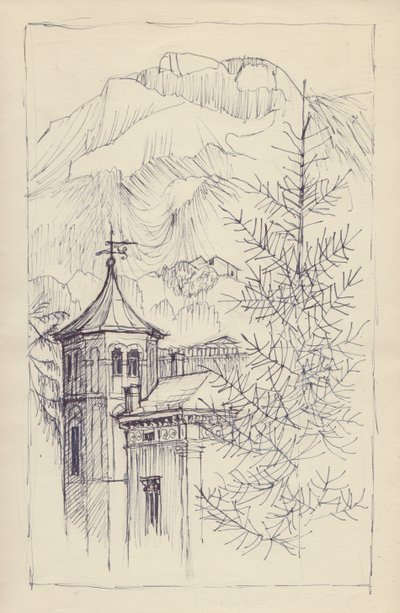 Kościół i góry, Włochy, ok. 1950. autorstwa Shirley Markham