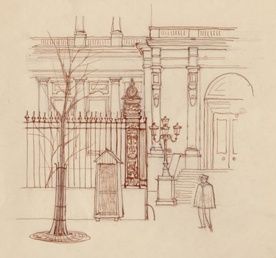 Żandarm przed budynkiem klasycystycznym, Paryż, 1951. autorstwa Shirley Markham