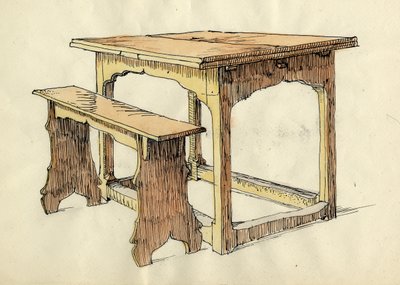 „Dąbowy stół i forma rysunkowa, początek XVI w.”, ok. 1951. autorstwa Shirley Markham