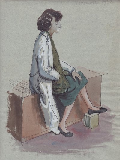 Siedząca kobieta w białym fartuchu, 1952. autorstwa Shirley Markham