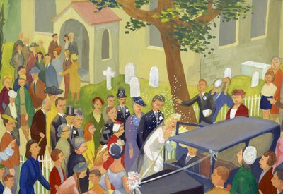Grupa weselna na cmentarzu przykościelnym, ok. 1948 r. autorstwa Shirley Markham