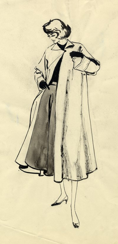 Kobieta w płaszczu i pełnej spódnicy, ok. 1950. autorstwa Shirley Markham