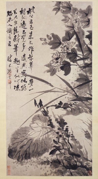 Hibiskus, Lotos i Skała, ca. 1705-7. autorstwa Shitao