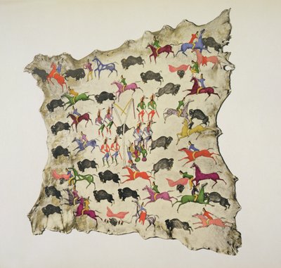 Polowanie na bawoły (pigment na skórze łosia) autorstwa Shoshone Katsikodi School