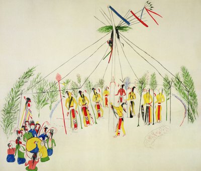 Shoshone Sun Dance (pigment na muślinie) autorstwa Shoshone Katsikodi School
