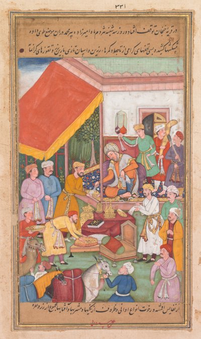 Timur rozdaje prezenty od swojego wnuka, księcia Multanu, z Zafar-nama..., 1598-1600. autorstwa Shravana