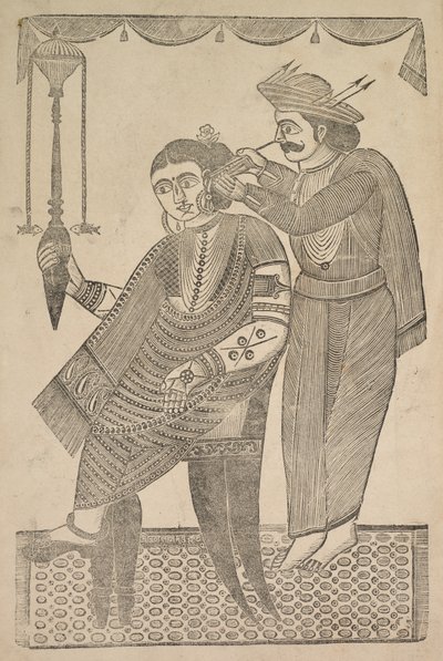 Fryzjer czyszczący ucho kurtyzany, XIX wiek. autorstwa Shri Gobinda Chandra Roy