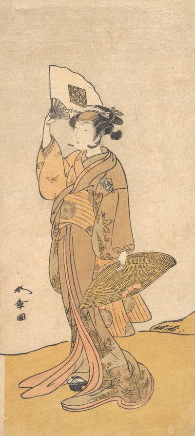 Nakamura Matsue II jako kobieta stojąca na wzgórzu, 1773. autorstwa Shunsho