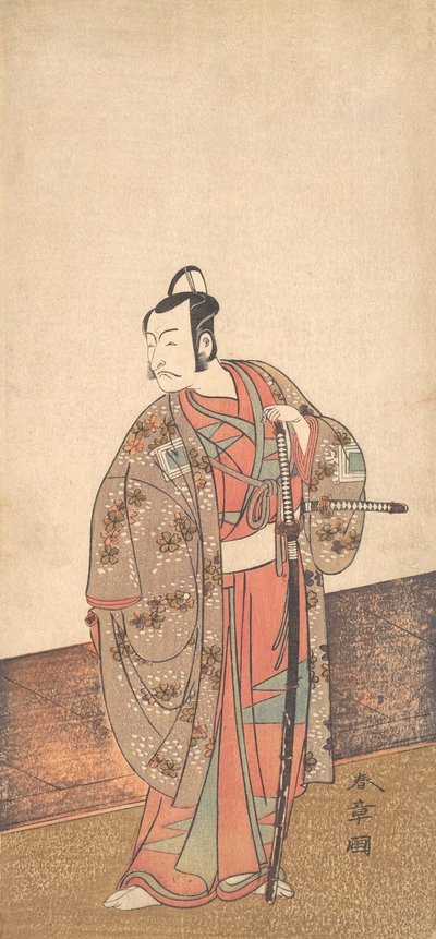 Aktor Ichikawa Danjuro V stojący w domu i przed engawą, ca. 1772. autorstwa Shunsho