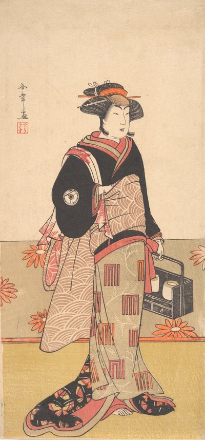 Aktor Iwai Hanshiro IV jako kobieta w czarnym kimonie, ca. 1780. autorstwa Shunsho