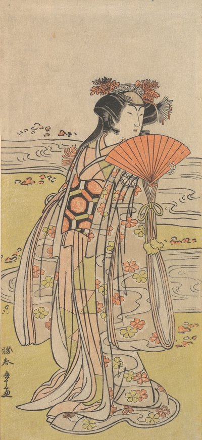 Aktor Segawa Kikunojo III jako kobieta stojąca przy wijącym się strumieniu, ca. 1777. autorstwa Shunsho
