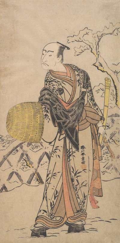 Pierwszy Nakamura Nakazo jako Komuso stojący w śniegu przy płocie, ca. 1775. autorstwa Shunsho