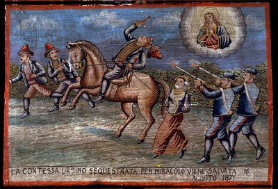 Ex-voto (ex voto) Sycylijczyk: „”Uprowadzona hrabina Ursino została właśnie cudem uratowana 16/08/1871”. Reprezentacja bandytów (Brigantaggio): Trzej rabusie porywają hrabinę, podczas gdy karabinierzy strzelają do nich. . autorstwa Sicilian School