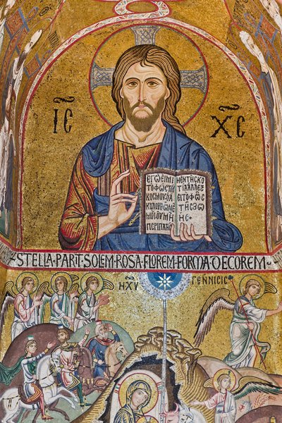Kaplica Palatyńska (Bazylika), apsyda południowa lub "absydiola" św. Pawła, mozaiki: "Chrystus Pantokrator" i "Narodzenie", XII w. autorstwa Sicilian School