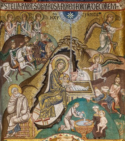 Kaplica Palatyńska (bazylika), apsyda południowa lub "absydiola" św. Pawła, mozaiki: "Narodzenie", XII w. autorstwa Sicilian School