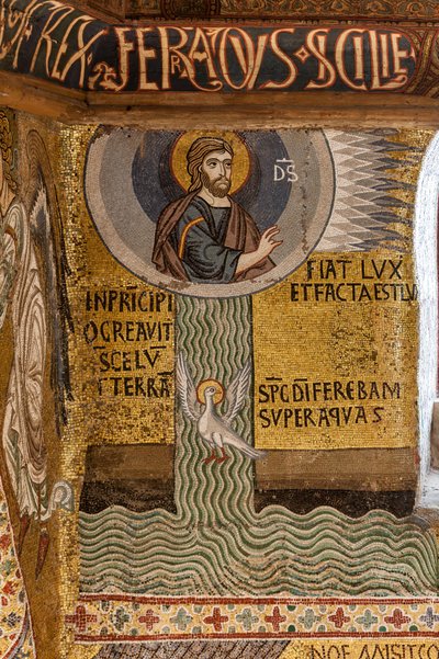 Kaplica Palatyńska (Bazylika), cykl mozaik na Starym Testamencie, cykl Stworzenia: „Fiat Lux Bóg tworzy Światło i dzieli Wody”, XII w. autorstwa Sicilian School