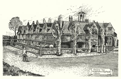 Widok ogólny, Hungerford Almshouses, Corsham (grawerowanie) autorstwa Sidney Heath