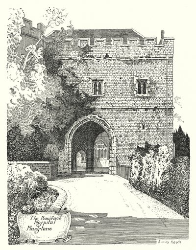 Szpital Bonifacy, Maidstone (grawerowanie) autorstwa Sidney Heath