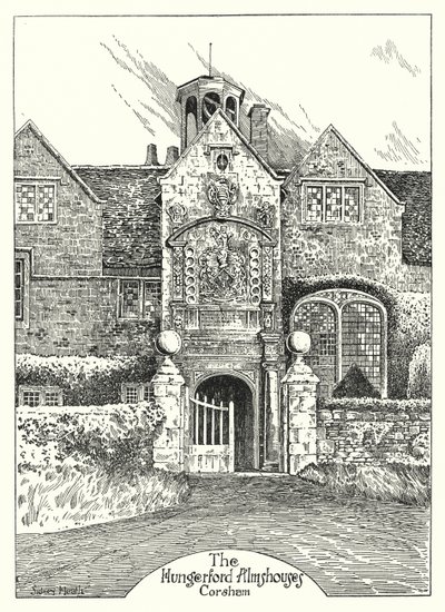Domy przytułków Hungerford, Corsham (grawerowanie) autorstwa Sidney Heath