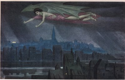 Lucyfer lecący nad miastem. - Śpij, śpij, o miasto! Dopóki światło nie obudzi cię ponownie do grzechu i zbrodni”. autorstwa Sidney Meteyard
