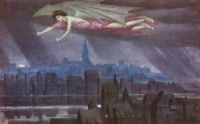 Złota legenda: Lucyfer przelatujący nad miastem (kolorowa litografia) autorstwa Sidney Meteyard