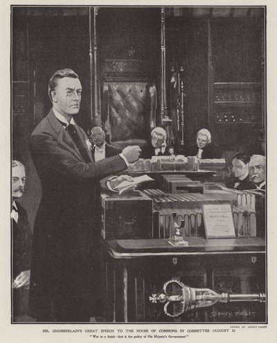 Przemówienie Josepha Chamberlaina o wojnie burskiej w Izbie Gmin w dniu 2 sierpnia 1901 r. (lito) autorstwa Sidney Paget