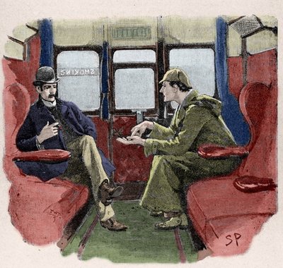 Silver Blaze: Ilustracja Sydneya Pageta przedstawiająca przygodę z Sherlockiem Holmesem. Słynny detektyw jest reprezentowany w pociągu z doktorem Watsonem. Opublikowany w „The Strand Magazine”. Wiadomości Conana Doyle