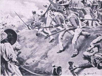 Bitwa pod Dubbą, 24 marca 1843, ilustracja z brytyjskich bitew na lądzie i morzu, 1915 autorstwa Sidney Paget