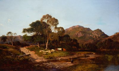 Mleczarka przejeżdżająca przez bród z owcami i bydłem za nim autorstwa Sidney Richard Percy