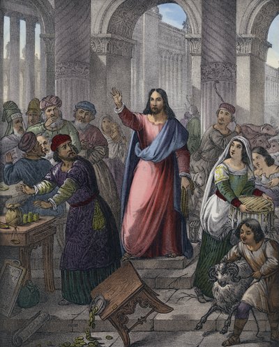 Chrystus oczyszcza świątynię (kolorowy grawerunek) autorstwa Siegfried Detler Bendixen