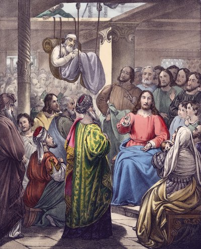 Chory na paraliż przyniesiony do Chrystusa przez jego przyjaciół (kolor lito) autorstwa Siegfried Detler Bendixen