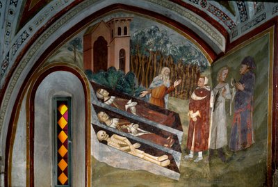 Spotkanie umarłych z żywymi Fragment fresku szkoły sieneńskiej. 14 wiek. Klasztor św Benoit (Sacro Speco), Klatka schodowa, Subiaco (Rzym), Włochy autorstwa Sienese School