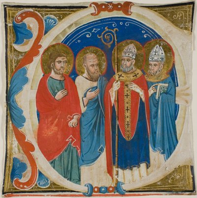 Dwóch świętych i dwóch biskupów w historycznym inicjale „E” z księgi chóralnej autorstwa Sienese School