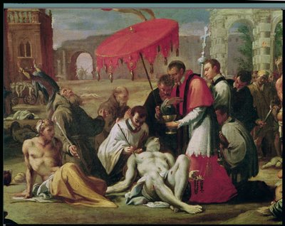 Św. Karol Boromeusz (1538-84) udzielający sakramentu ofiarom dżumy w 1576 r. (szczegóły z 78610) autorstwa Sigismondo Caula
