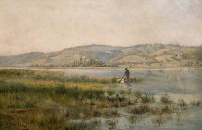 Wiosłujący mężczyzna na jeziorze (obraz) autorstwa Sigrid Bolling