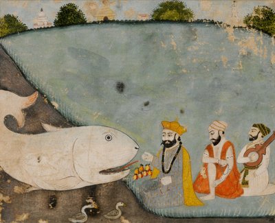 Guru Nanak z Balą, Mardaną i wielką rybą (Wisznu w Matsyavatara) autorstwa Sikh School