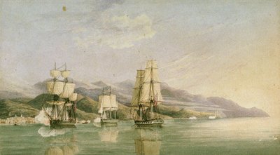 Atak na konwój osiemnastu francuskich statków handlowych w Laigrelia i Alassio, 27 czerwca 1812 r., początek XIX w. (pióro, tusz, grafit, akwarela) autorstwa Silas Thomson (attr.to) Hood